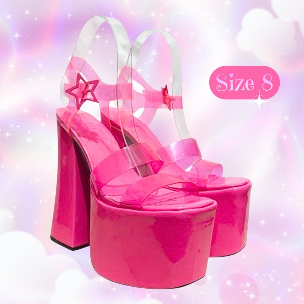 Club Exx Pink Platform Heels Star Strap Clear PVC Y2K Rave Dolls Kill Chunky - 8